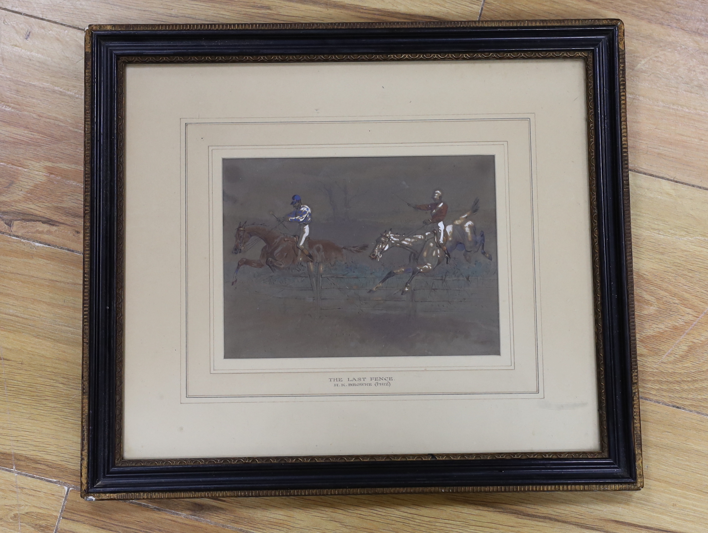 Attributed to Hablot Knight Browne - Phiz (1815-1882) heightened ink and watercolour, 'Steeplechase', inscribed to the mount, 19 x 14cm